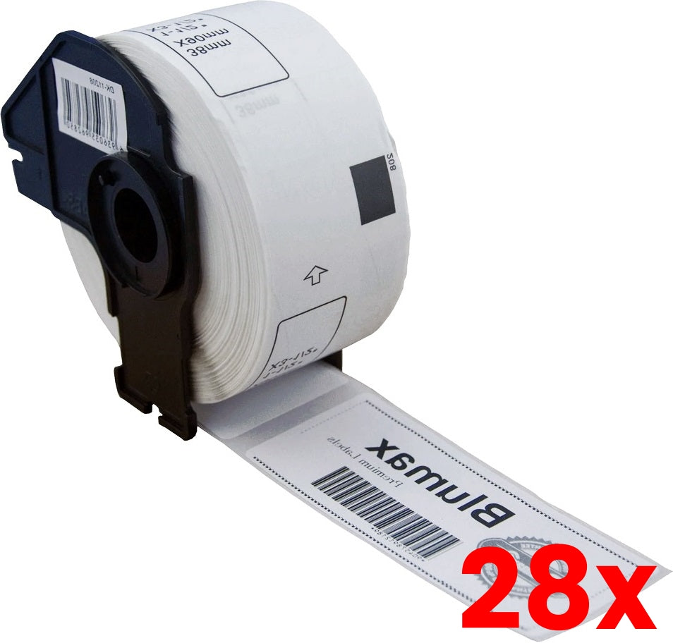 28 X Brother DK-11208 Compatible Black on White Thermal Die-Cut Label Roll with Holder - 38mm x 90mm - 400/Rol