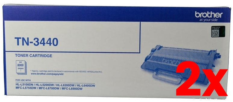 2 X Genuine Brother TN3440 Black Toner Cartridge 8,000 Page