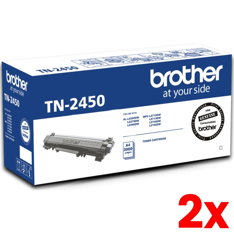 2 X Genuine Brother TN-2450 - Black Toner Cartridge 3,000 page