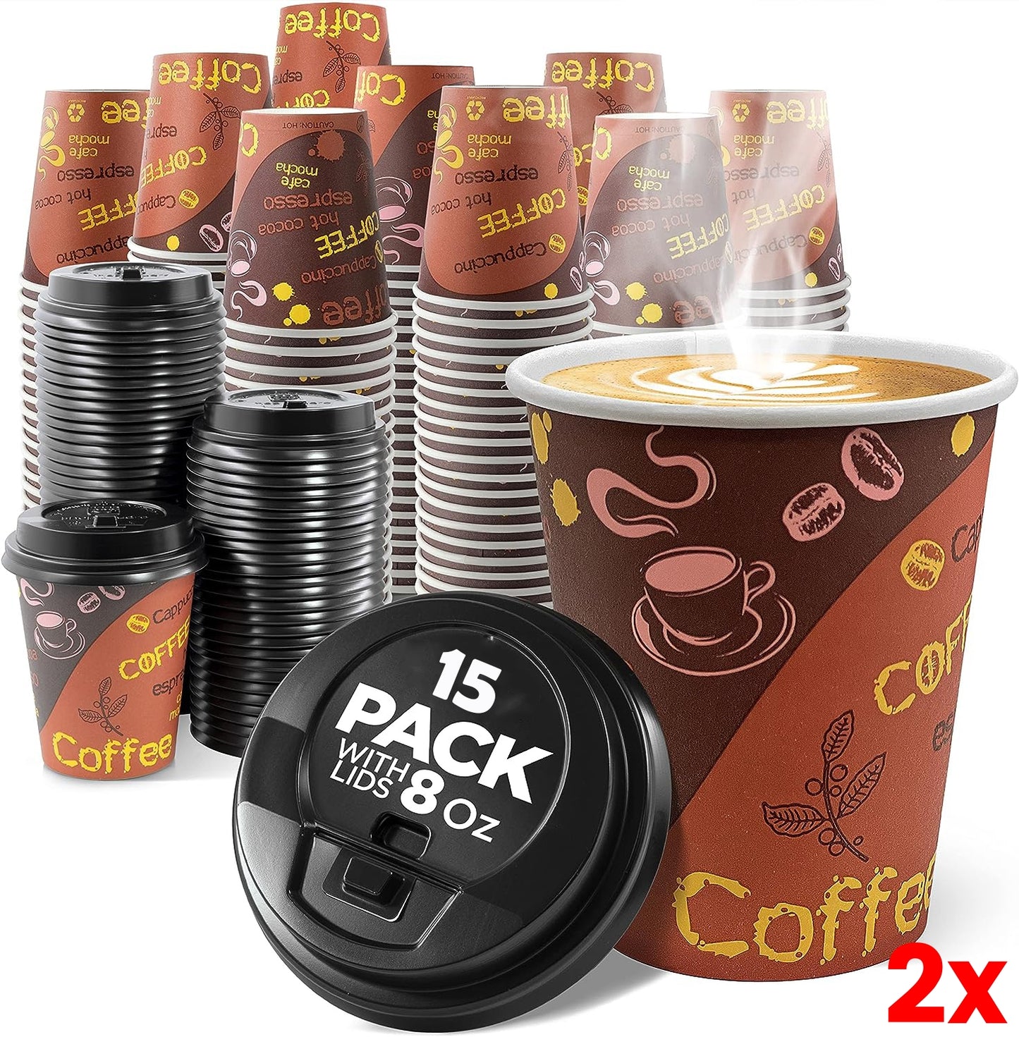2 X Carton of 360pcs 8oz Premium Paper Coffee Cups with Lids (24 Packs of 15pcs)