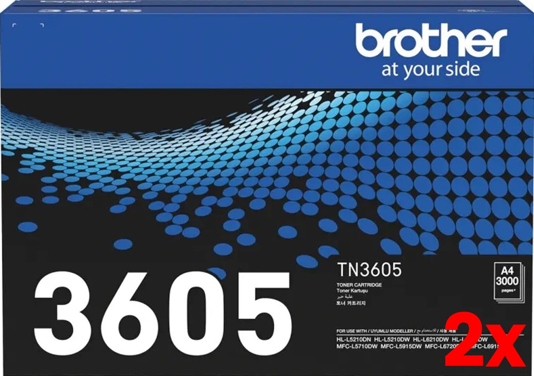 2 X Genuine Brother TN3605 Black Toner Cartridge - 3,000 Print
