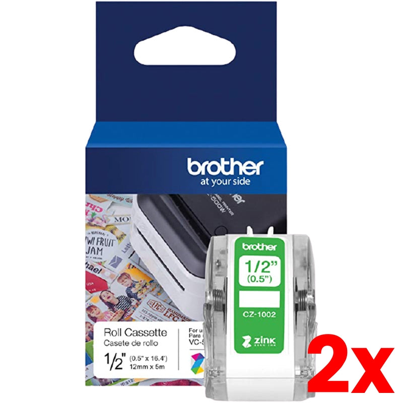 2 X Brother CZ-1002 1/2 Colour Continuous Label Roll Cassette 12mm x 5