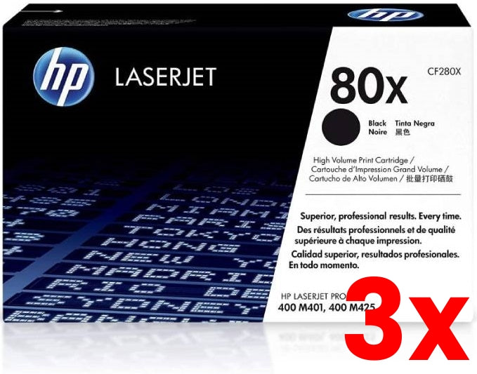 3 X Genuine HP 80X CF280X Black Toner Cartridge ~ 6,900 Print