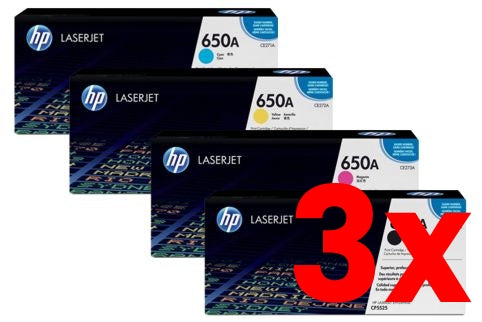 3 X Genuine 4 Pack HP 650A Toner Cartridges CE270A-CE273A [1BK, 1C, 1M, 1Y]