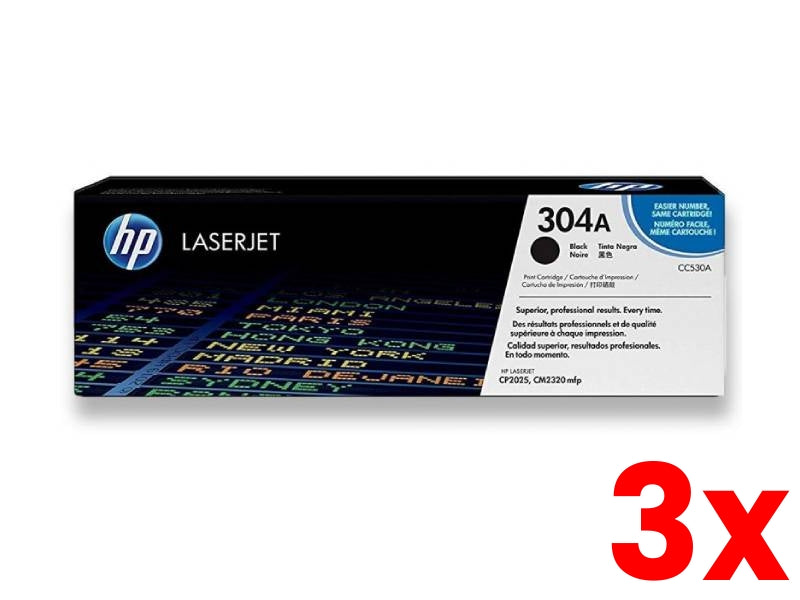 3 X Genuine HP 304A CC530A Black Toner Cartridge 3,500 Page