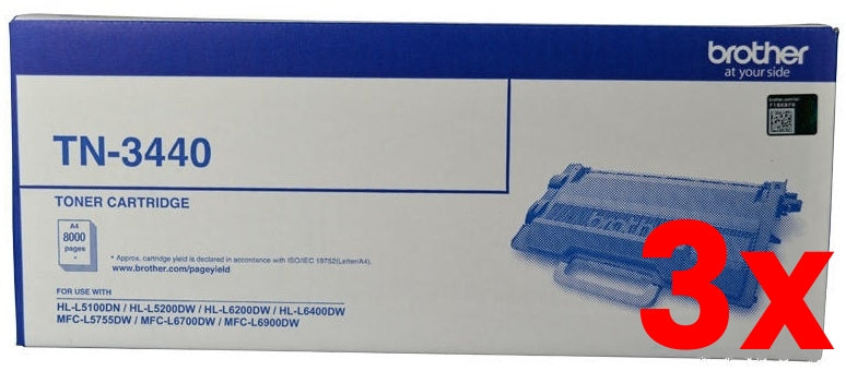 3 X Genuine Brother TN3440 Black Toner Cartridge 8,000 Page
