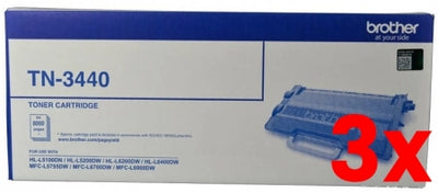 3 X Genuine Brother TN3440 Black Toner Cartridge 8,000 Pages