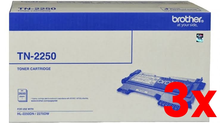 3 X Genuine Brother TN2250 Toner Cartridge 2600 Print