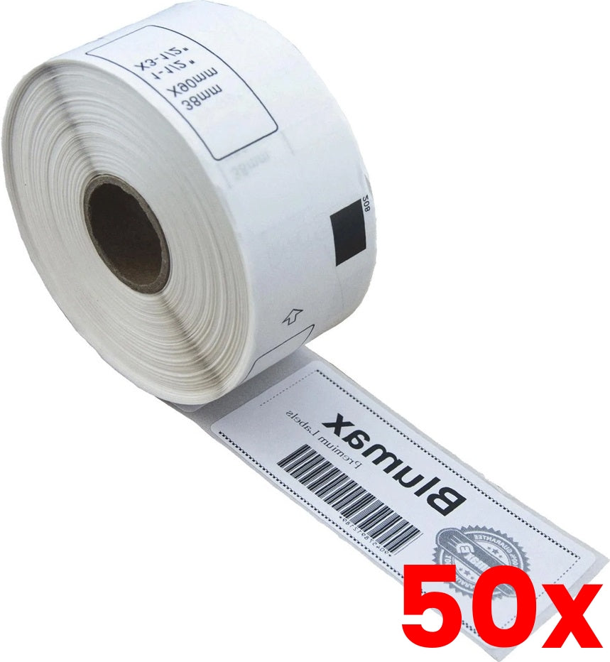 50 X Brother DK-11208 Compatible Black on White Thermal Die-Cut Label Roll - 38mm x 90mm - 400/Rol