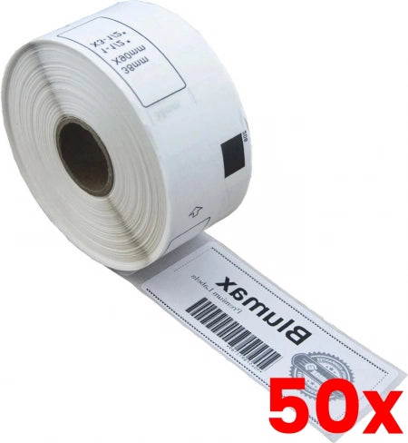 50 X Brother DK-11208 Compatible Black on White Thermal Die-Cut Label Roll - 38mm x 90mm - 400/Roll