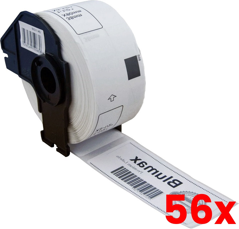 56 X Brother DK-11208 Compatible Black on White Thermal Die-Cut Label Roll with Holder - 38mm x 90mm - 400/Rol