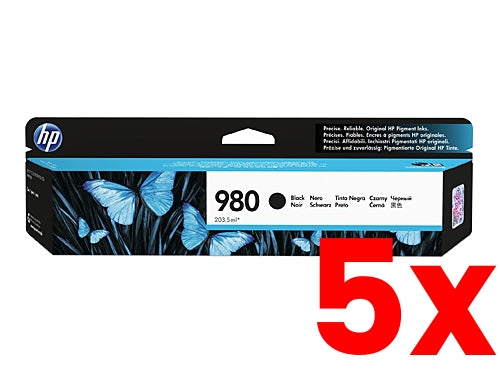 5 X Genuine HP 980 Black Ink Cartridge D8J10A 10,000 Print
