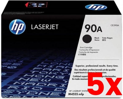 5 X Genuine HP 90A CE390A Black Toner Cartridge 10,000 Prints