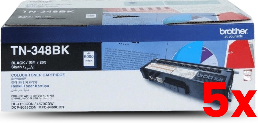 5 X Genuine Brother TN348BK Black Toner Cartridge 6000 Page