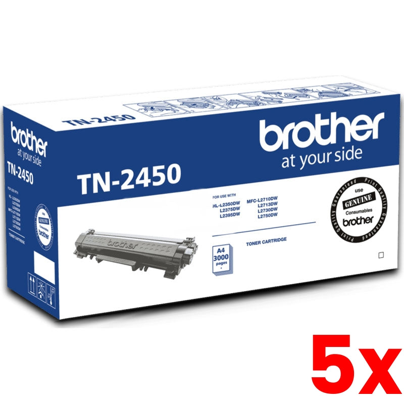 5 X Genuine Brother TN-2450 - Black Toner Cartridge 3,000 page