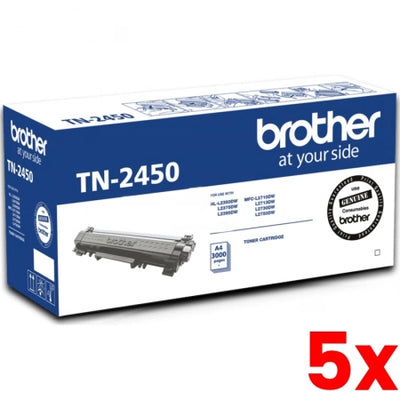 5 X Genuine Brother TN-2450 - Black Toner Cartridge 3,000 pages