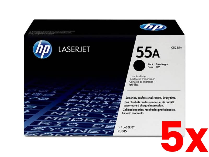 5 X Genuine HP 55A CE255A Black Toner Cartridge 6,000 Page