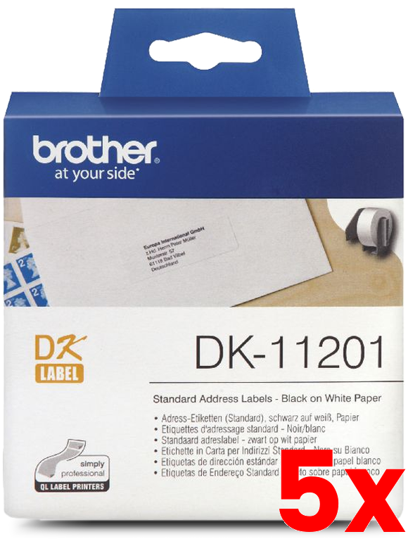 5 X Brother DK-11201 Black Text on White Thermal Die-Cut White Standard Address Label Roll 400/Roll  29mm x 90m