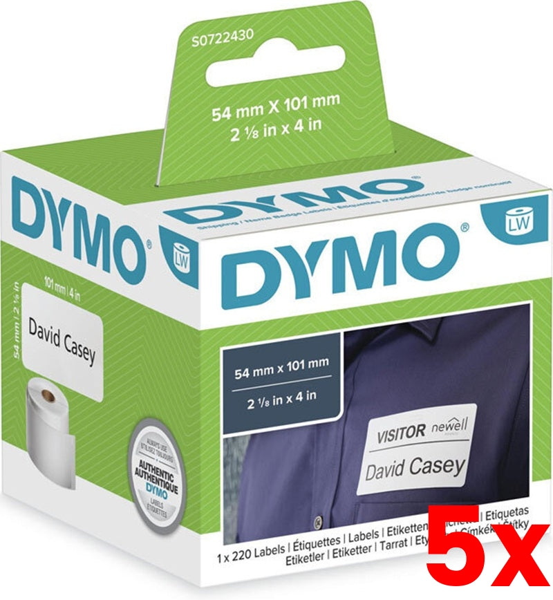 5 X Dymo SD99014 S0722430 White Shipping and Badge Thermal Ship Label Roll 54mm x 101mm - 220 labels per rol