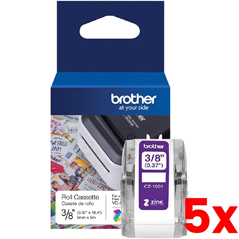 5 X Brother CZ-1001 3/8 Colour Continuous Label Roll Cassette 9mm x 5
