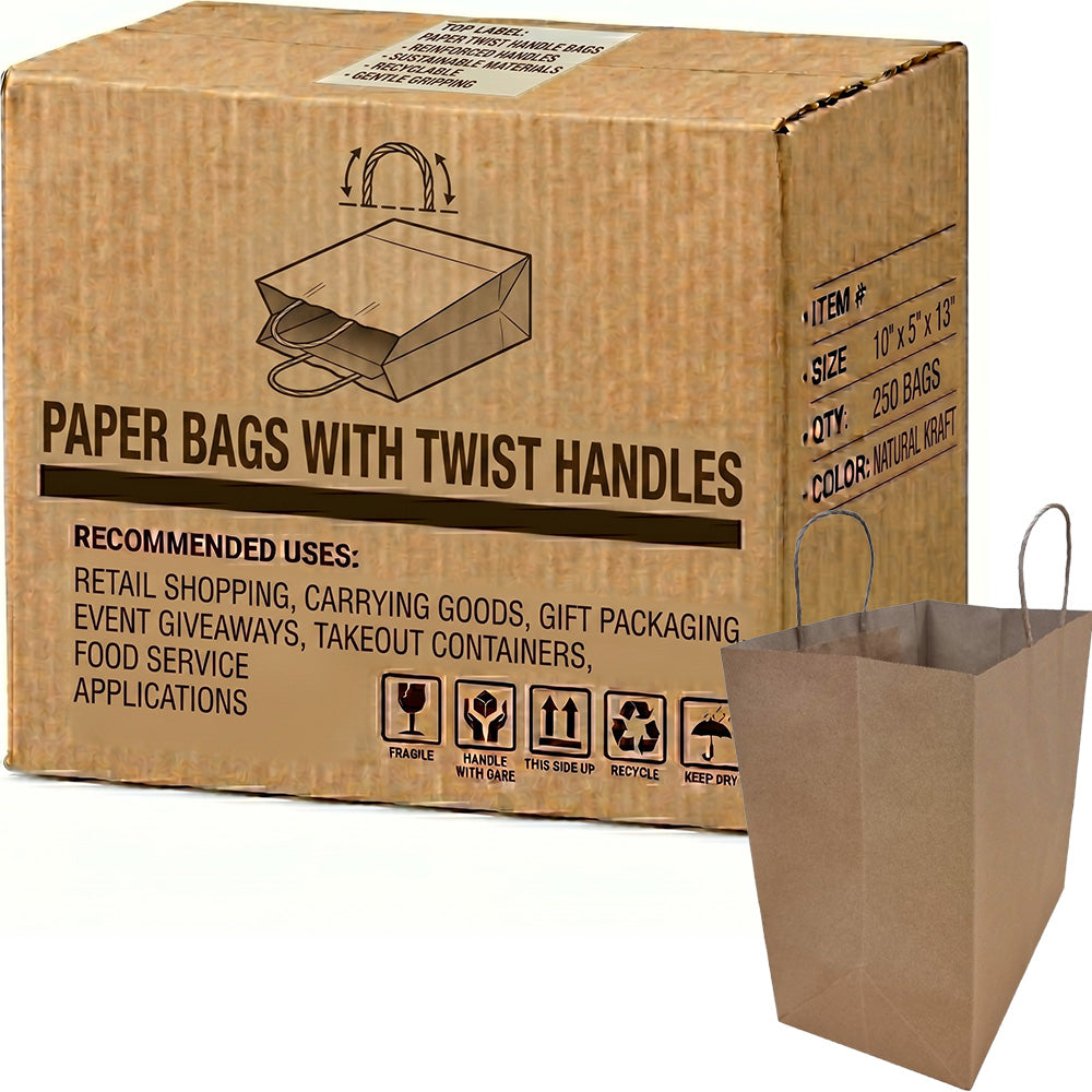 Carton of 250 Brown Paper Bags Twist Handle 305x180x300m