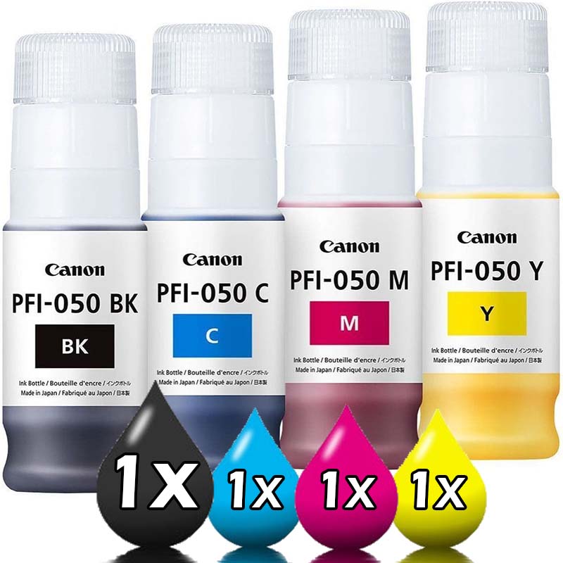 Genuine 4 Pack Canon PFI-050 Ink Bottles Value Pack [1BK, 1C, 1M, 1Y]