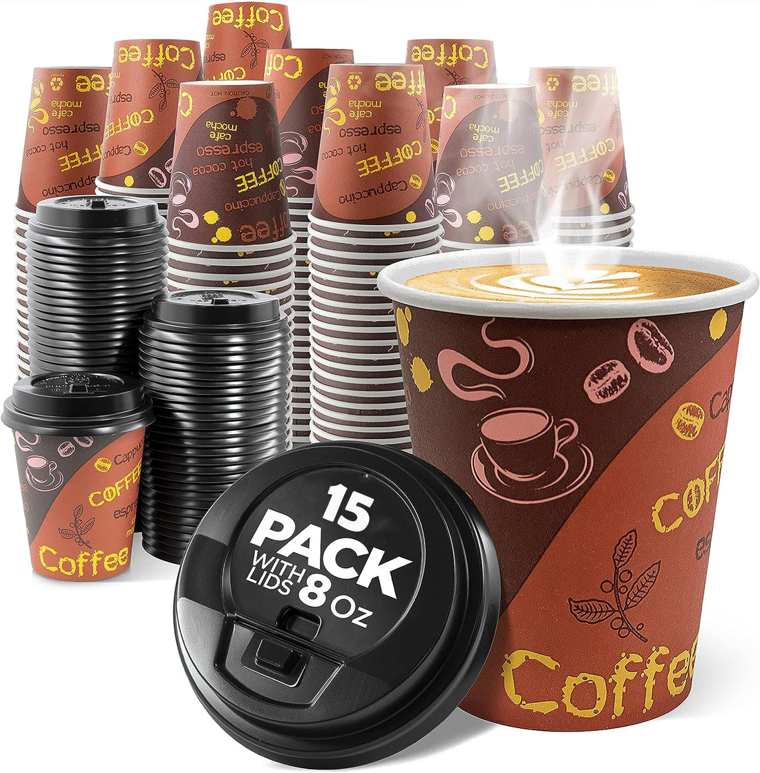 Carton/360pcs 8oz Paper Coffee Cups+Lids (24 Packs of 15pcs)