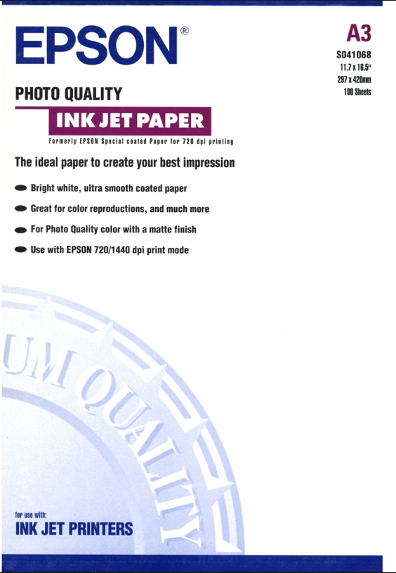 Genuine Epson A3 S041068 C13S041068 Photo Quality Paper 102gsm 100 Sheets/Pack