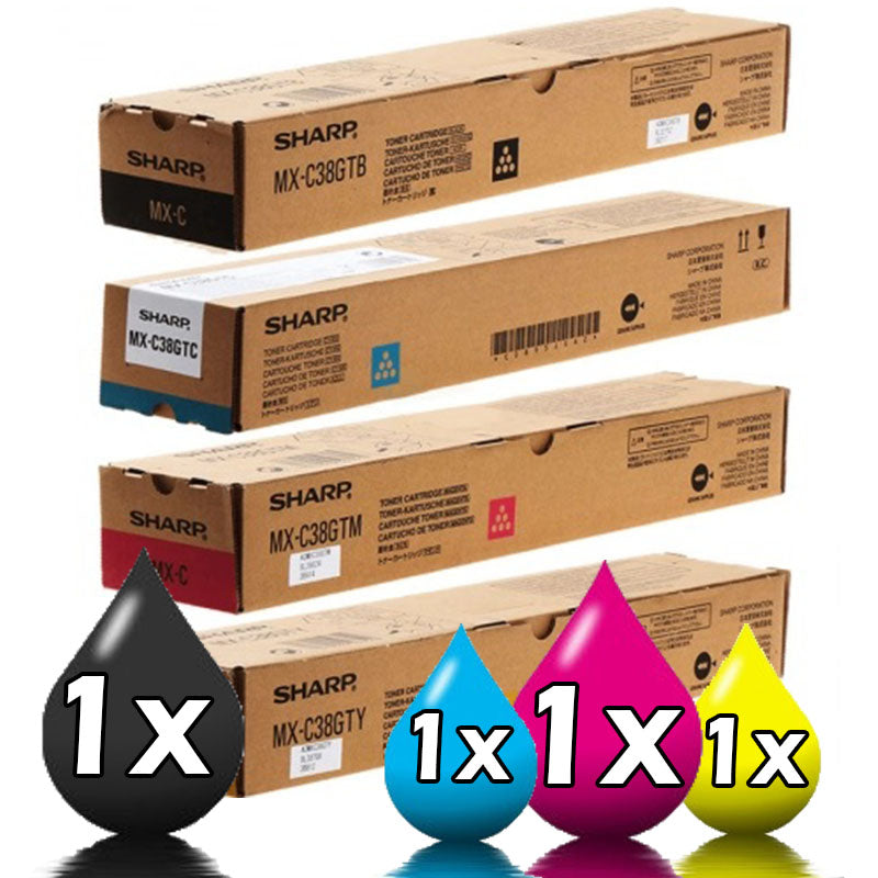 4 Pack Sharp MXC38GT (MXC38GTB MXC38GTC MXC38GTM MXC38GTY) Genuine Toner Cartridge [1BK, 1C, 1M, 1Y]